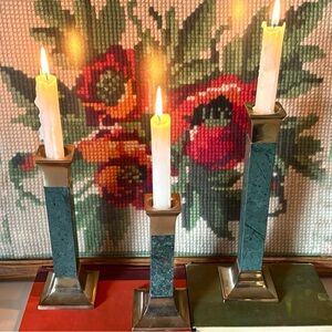 Vintage MCM Green Marble & Brass Candlestick Holders Set of 3 Taper Candle
